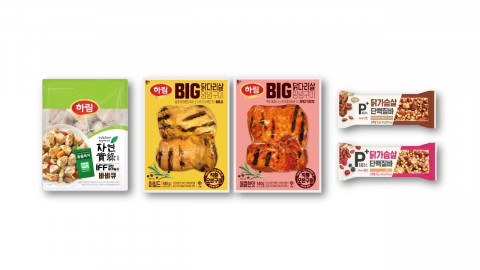 하림의 고단백 닭고기 제품 3종(왼쪽부터 동물복지 IFF 큐브 닭가슴살 바비큐, BIG 닭다리살 양념구이 2종, 피플러스 닭가슴살 단백질바 2종)