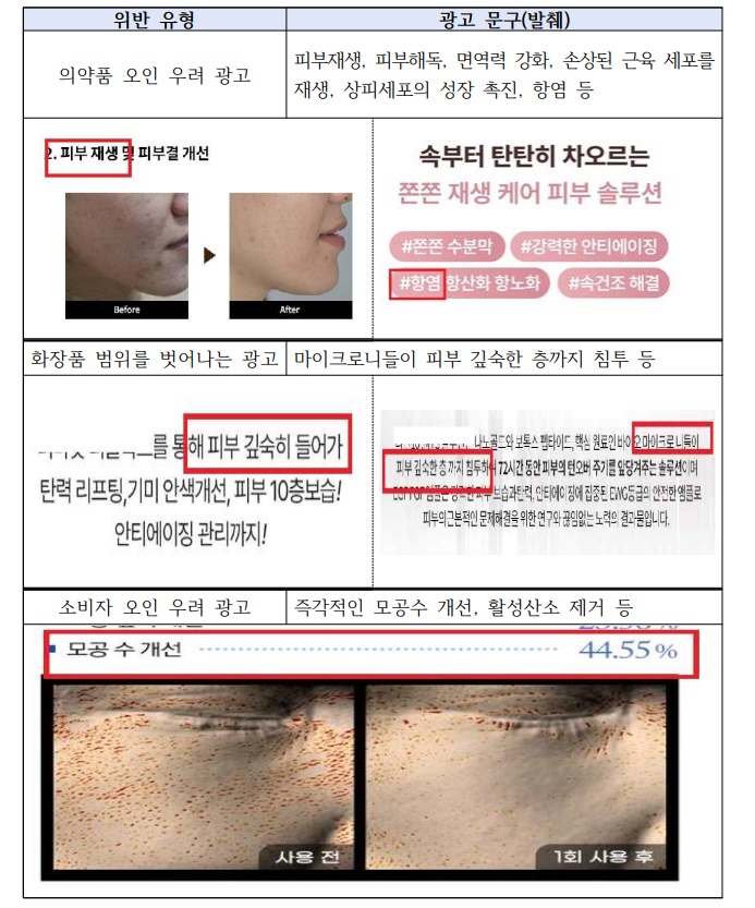 식약처에서 공고한 마이크로 니들 허위·과대광고 예제 / 출처 : 식품의약품안전처 홈페이지