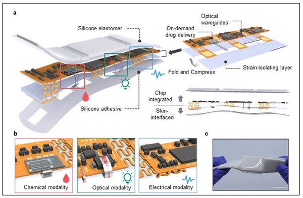 생체신호 측정 및 약물전달을 동시에 수행하는 무선, 피부 접촉식 시스템의 개략도 / 출처 : DGIST