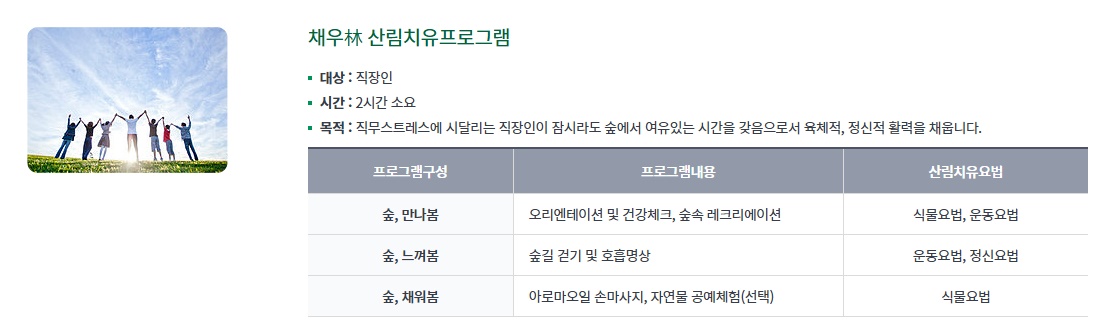 채우림 산림치유 프로그램은 전남산림연구원에서 운영하는 여러 치유 프로그램 중 직장인들을 대상으로 하는 프로그램이다. / 출처 : 전남산림연구원