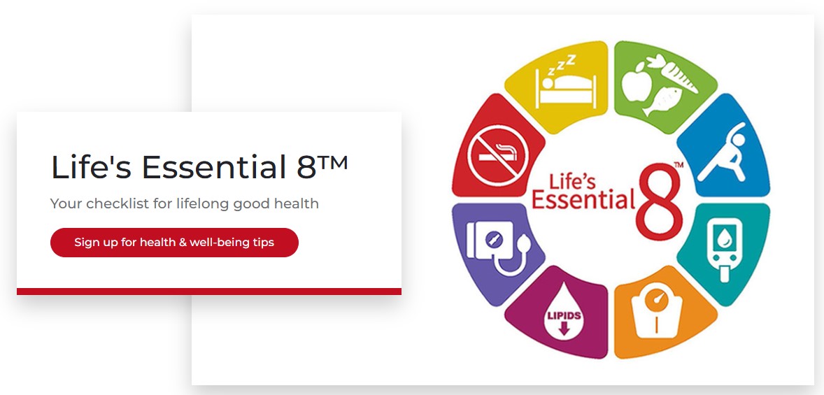 미국심장협회(AHA)에서는 삶의 핵심 요인 8가지(Life's Essential 8)이라는 타이틀로 8가지 항목을 제시한다 / 출처 : AHA 홈페이지