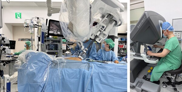 [사진] ‘다빈치 SP’를 활용한 단일공 로봇 신장이식 수술 장면. 왼쪽은 수술실 내부, 오른쪽은 서울대병원 이식혈관외과 하종원 교수가 콘솔에서 수술을 집도하는 모습